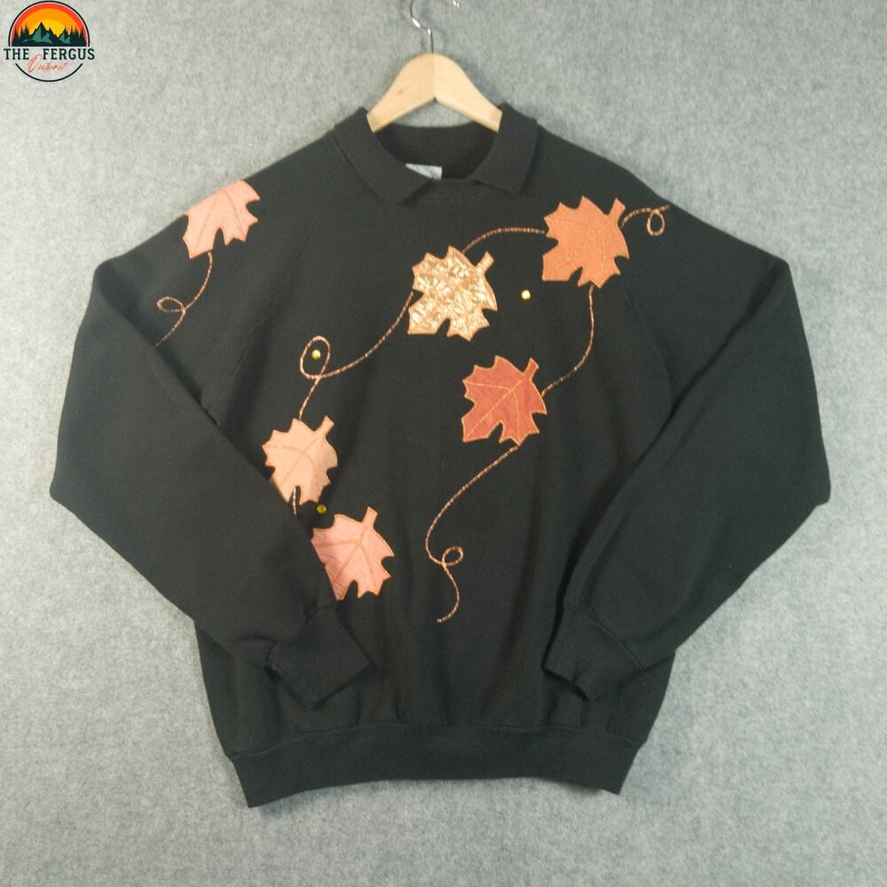 VTG Just Duck Pullover Sweatshirt Black Autumn Fall Leaves Cotton Blend Women L